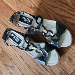 Black and Gold Women's Wedge Sandals